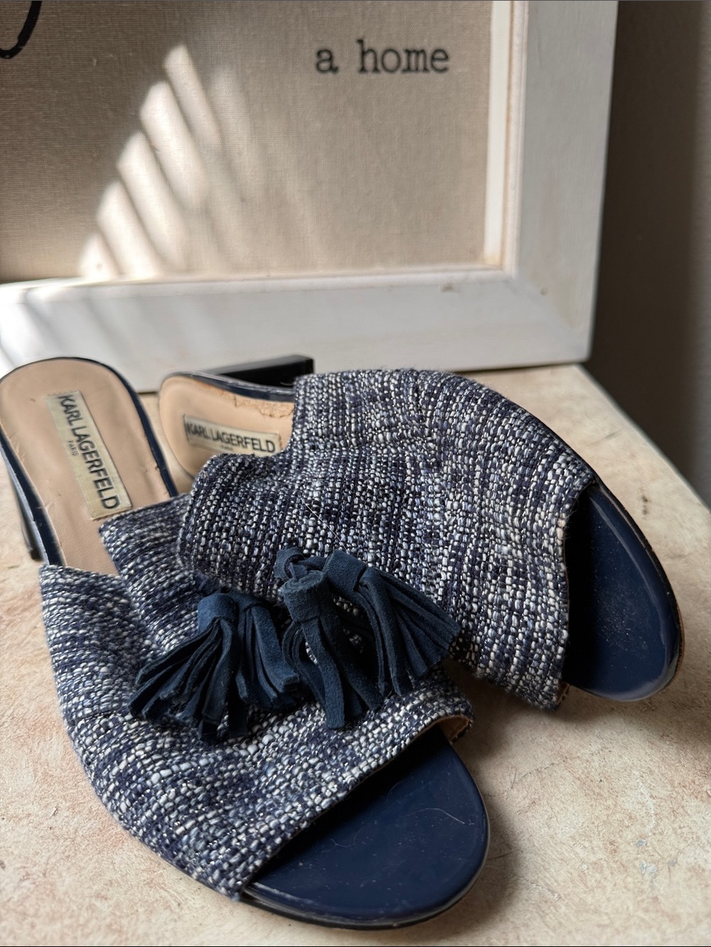 Karl Lagerfeld Navy Tweed Slide Mules with Tassel Detail